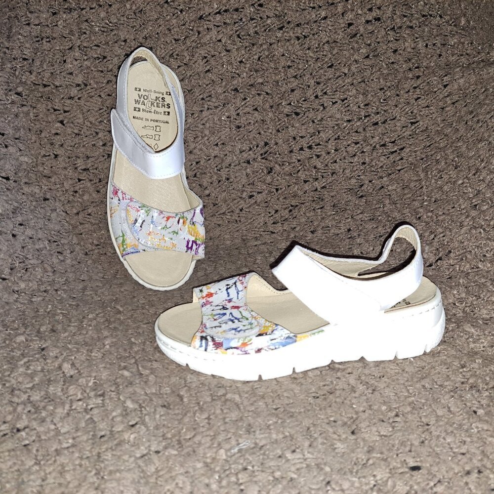 VOLKS WALKERS-White Leather-Dbl Hook/Loop Strap-Paint Spatter-Sz 36/6-NWOB